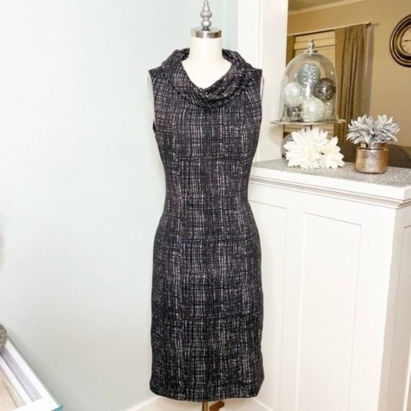 Willi Smith Black & Gray Printed Cowl Neck Sheath Dress 4 Small - Picture 2 of 10